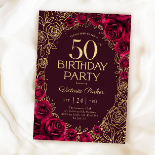 Elegantes 50. Geburtstags Burgunder Gold Blumen Einladung