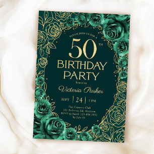 Elegantes 50. Geburtstags Emerald Grün Gold Floral Einladung