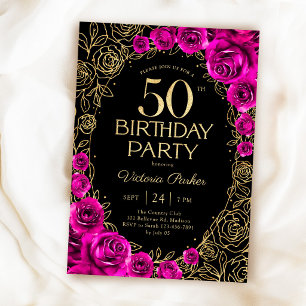 Elegantes 50. Geburtstags Fuchsia Rosa Schwarz & G Einladung