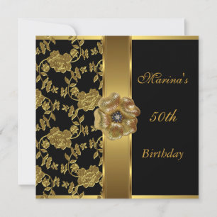 Elegantes 50. Geburtstags Schwarz Gold Floral Brok Einladung