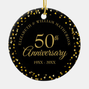 Elegantes 50. Jubiläums-Schwarz-Gold-Herz  Keramik Ornament