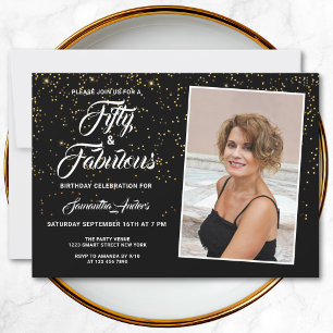 Elegantes 50 und fabelhaftes Black Gold Glitzer Fo Einladung