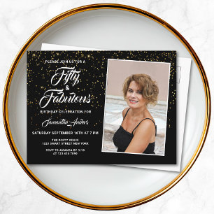 Elegantes 50 und fabelhaftes Black Gold Glitzer Fo Einladungspostkarte