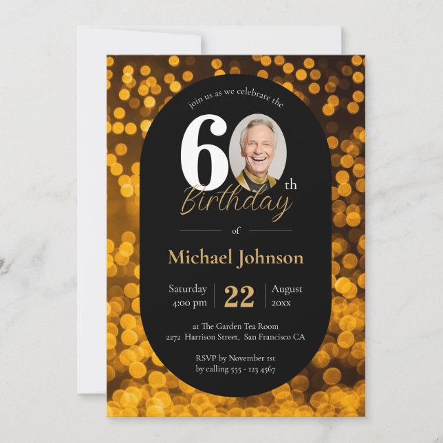 Elegantes 60. Geburtstag Gold Black Custom Foto Einladung (Vorderseite)