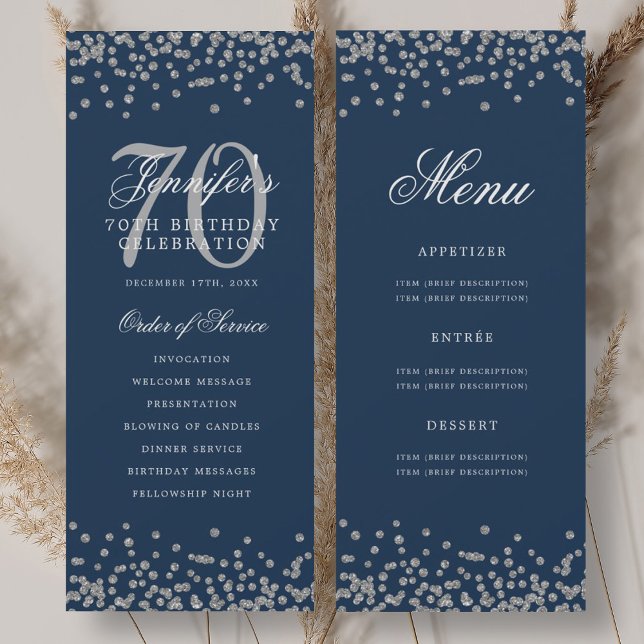 Elegantes 70. Geburtstagsprogramm Silbermenü Navy  Einladung (Elegant 70th Birthday Program Silver Menu Navy )