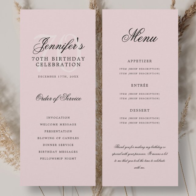 Elegantes 70. Programm Blush Pink Menü+Vielen Dank (Elegant 70th Program Blush Pink Menu+Thank You)