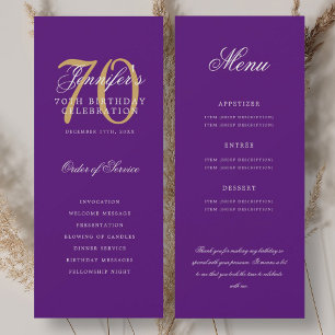 Elegantes 70th Program Gold Lila Menu+Vielen Dank Einladung