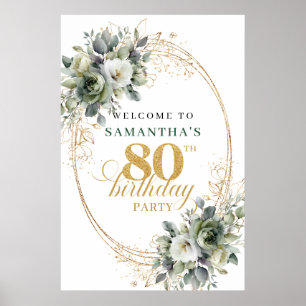 Elegantes 80. Boho-Grüßeschild mit Grün und Gold Poster
