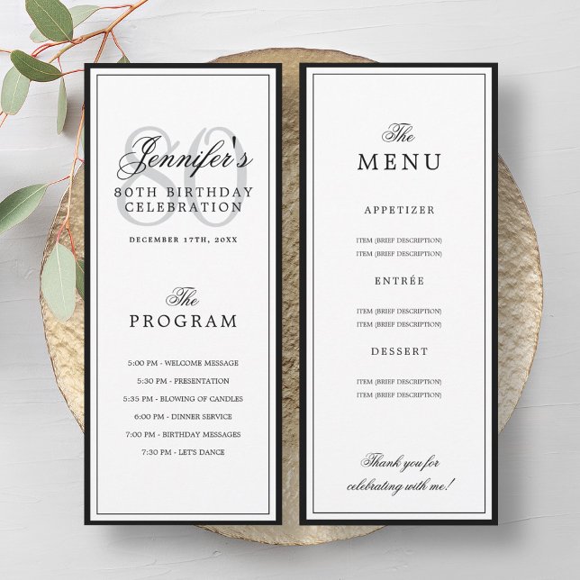 Elegantes 80. Geburtstagsfeier-Programm + Menü  Einladung (Elegant 80th Birthday Party Program + Menu )