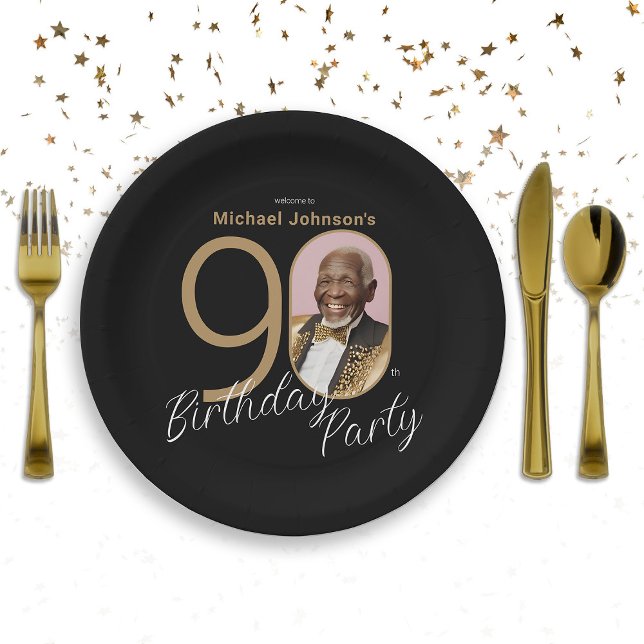 Elegantes 90. Geburtstag Black Gold Custom Foto Pappteller (Elegant 90th Birthday Black Gold Custom Photo Paper Plates)