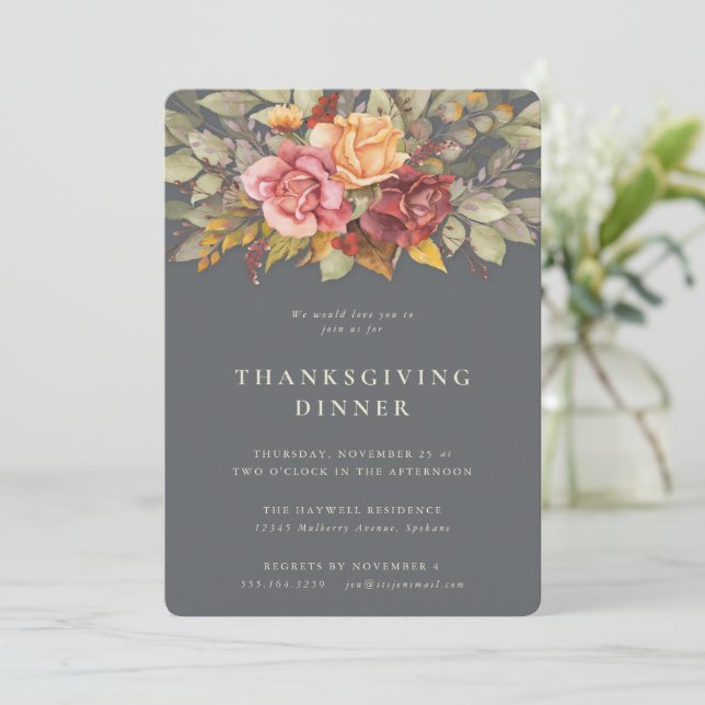 Elegantes Abendessen an der frischen Blumenküste E Einladung (Stehend Vorderseite)