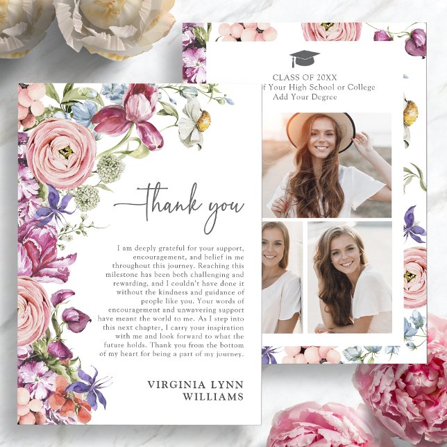 Elegantes Abschluss Foto Dankeschön Karte (Elegant Floral Watercolor Graduation Photo Thank You Card by Painted Paperie
)