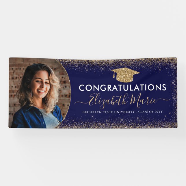 Elegantes Abschluss Navy Blue Gold Glitzer Foto Banner (Horizontal)