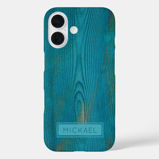 Elegantes Abstraktes Aquamarines Holzkorn Textur M iPhone 16 Hülle (Rückseite)