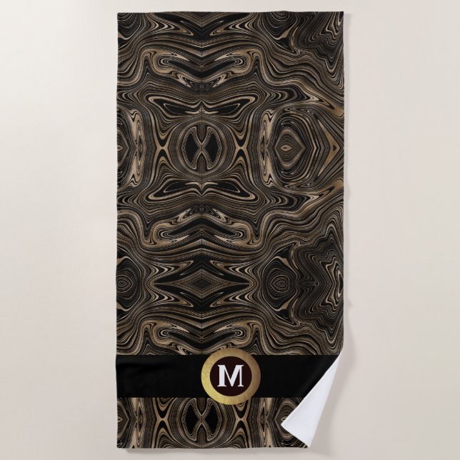 Elegantes abstraktes Schwarz-Gold-Monogramm Strandtuch (Vorderseite)