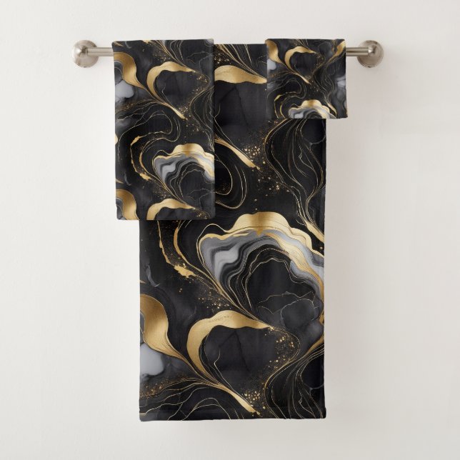 Elegantes Abstraktes Schwarz, Gold und Weiß Badhandtuch Set (Insitu)