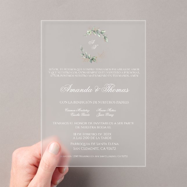 Elegantes Acrylgrün Spanische Hochzeit Acryleinladungen (Insitu (Handheld))