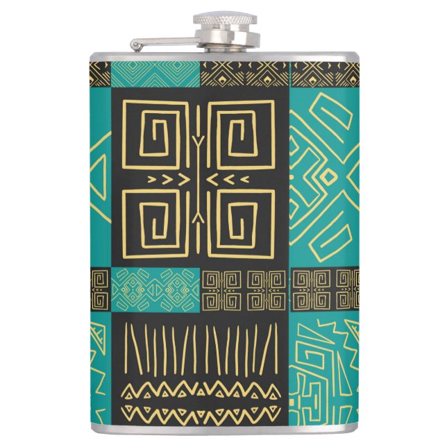Elegantes Afrikanisches Tribal Geometrisches Muste Flachmann (Vorderseite)