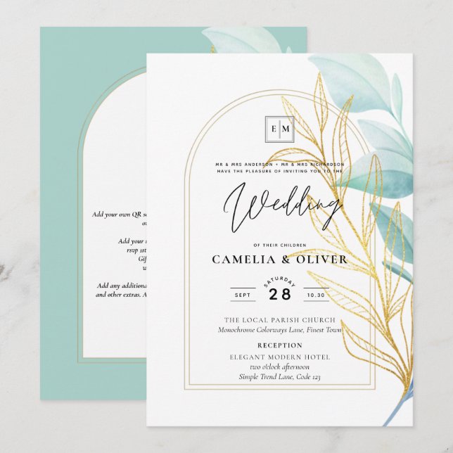 Elegantes All-in-1-Sea-Glass Aquamarine Goldleaf-H Einladung (Vorne/Hinten)