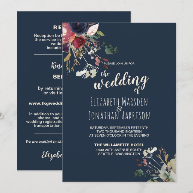 Elegantes All in one Navy Burgundy Rose Gold Weddi Einladung (Vorne/Hinten)