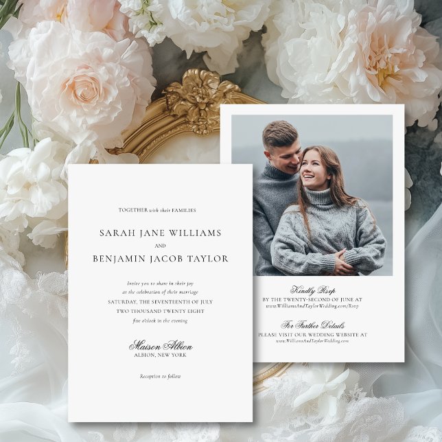 Elegantes All in One Wedding Einladung mit UAWG (These elegant, formal, all-in-one wedding invites features a classic script and a photo on the back)