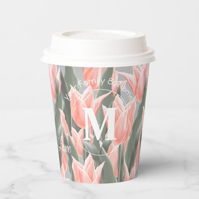 Elegantes Anstrich von Monogramm-Pfirsichfarben Pappbecher (Links)