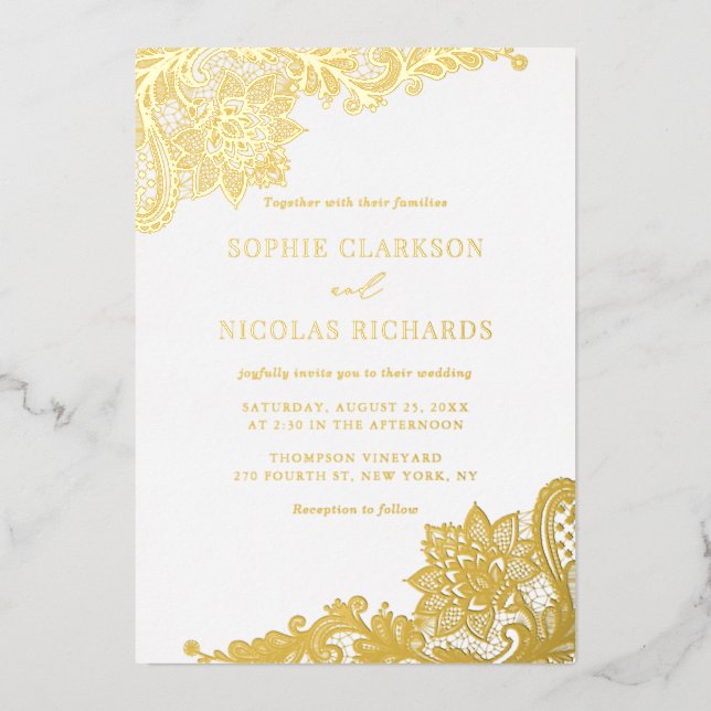 Elegantes antikes Spitzen Rustikales HochzeitGold Folieneinladung (Vorderseite)