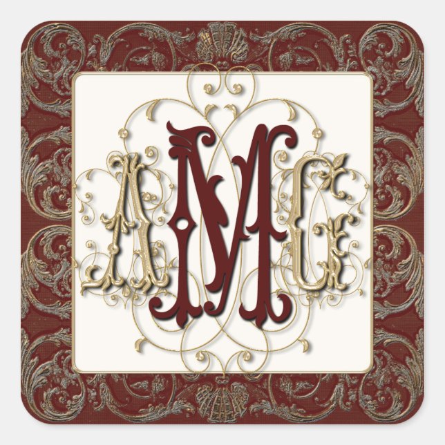 Elegantes Antiqued Gold Barock Mit Monogramm Siege Quadratischer Aufkleber (Vorderseite)