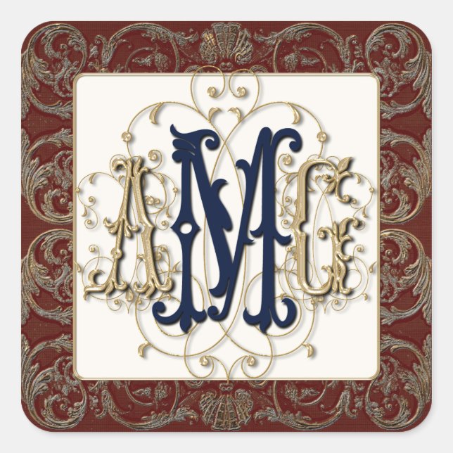 Elegantes Antiqued Gold Barock Mit Monogramm Siege Quadratischer Aufkleber (Vorderseite)