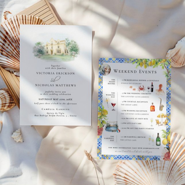Elegantes Anwesen | Illustriertes Hochzeitwochenen Einladung (Von Creator hochgeladen)
