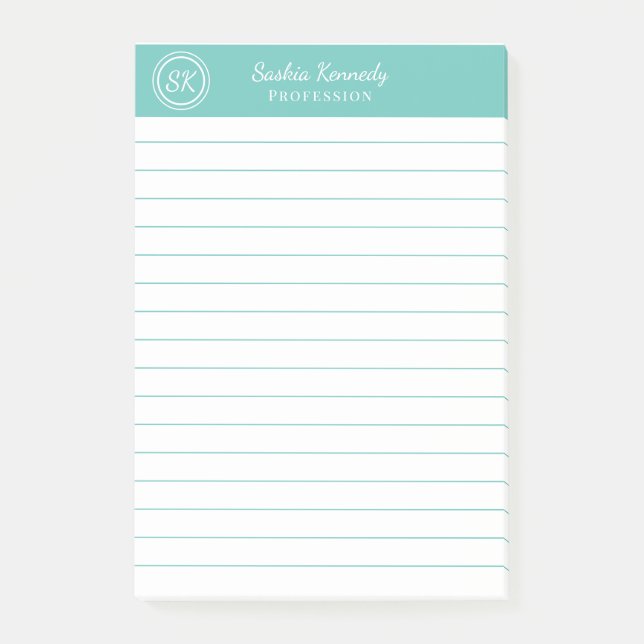 Elegantes Aqua Beruflich Monogram Business Post-it Klebezettel (Vorderseite)