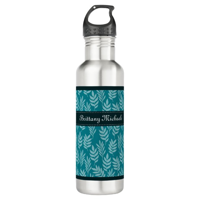 Elegantes Aqua-Blätter auf Aquamarinem Muster mit  Edelstahlflasche (Vorderseite)