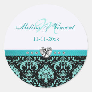 Elegantes Aqua-blauer/schwarzer Damast "Braut u. Runder Aufkleber