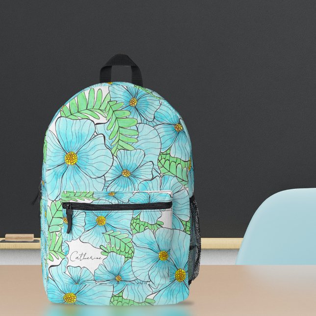 Elegantes Aqua Blue Blumen und Grüne Bedruckter Rucksack (Von Creator hochgeladen)