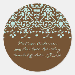 Elegantes Aqua Blue & Brown Damask-Etikett Runder Aufkleber