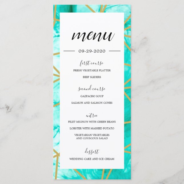 Elegantes Aqua Blue Geometric Gold Menü Menükarte (Vorderseite)