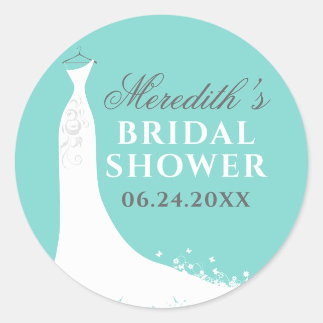 Elegantes Aqua Blue Wedding Gown Brautparty Runder Aufkleber (Vorderseite)