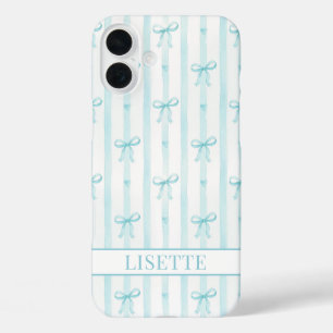 Elegantes aqua gestreiftes Coquette-Schleifen Mono iPhone 16 Plus Hülle