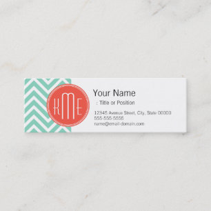 Elegantes Aqua-Grün-Zickzack und orange Monogramm Mini Visitenkarte