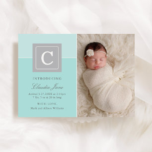 Elegantes Aqua-Monogramm Baby-Mädchen-Foto-Geburts Ankündigung