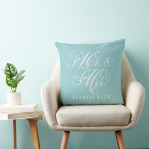 Elegantes Aqua Mr und Mrs Schriftzug Benutzerdefin Kissen