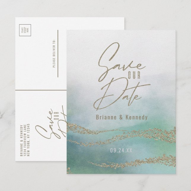 Elegantes Aqua Ocean & Gold Save the Date Ankündigungspostkarte (Vorne/Hinten)