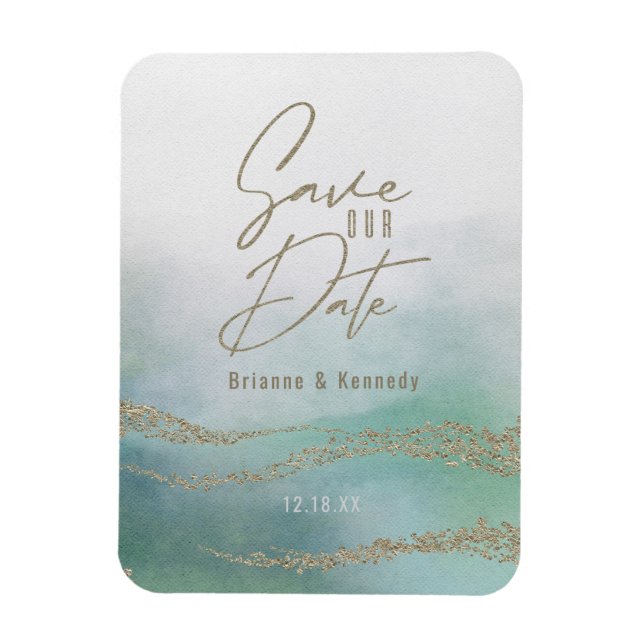 Elegantes Aqua Ocean & Gold Save the Date Magnet (Vertikal)