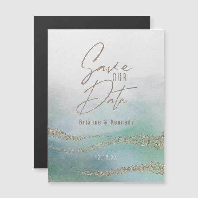 Elegantes Aqua Ocean & Gold Save the Date Magneteinladung (Vorne/Hinten)