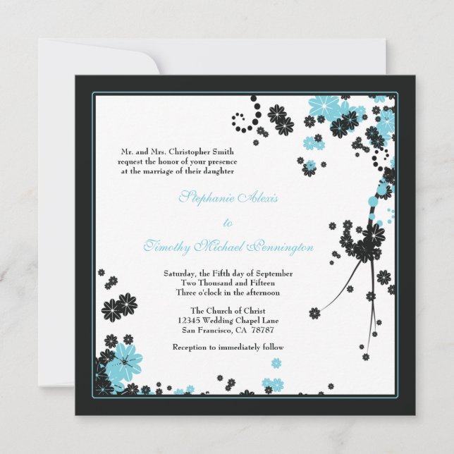 Elegantes Aqua + Schwarze Blume Einladung zur Hoch (Vorderseite)
