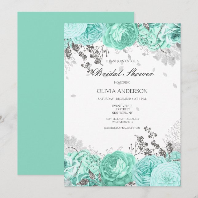 Elegantes Aqua Silver Floral Brautparty Einladung (Vorne/Hinten)