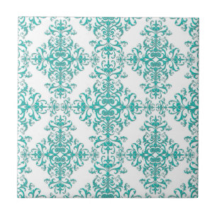 Elegantes Aqua-Türkis über weißem Damastmuster Fliese