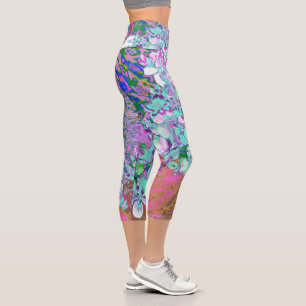 Elegantes Aqua und Lila Limelight Hydrangea Detail Capri Leggings