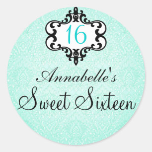 Elegantes Aqua- und schwarzes Chic-Damaskus-Sweet- Runder Aufkleber