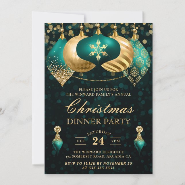 Elegantes Aquamarin & Gold Baubles Weihnachtsabend Einladung (Vorderseite)